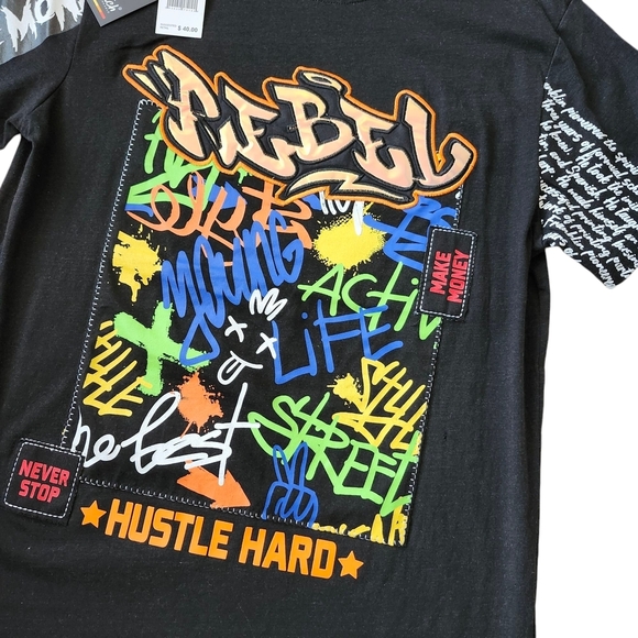 Men’s Small Graphic Streetwear Tee – REBEL Hustle Hard (Fits Kids L/XL Too!) - Picture 2 of 4
